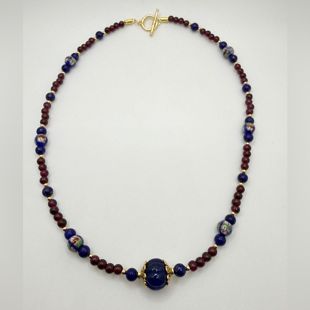 NWOTโ~19" Garnet, Lapis Lazuli, Cloisonne, and Sapphire necklace w/ gold tone!โ